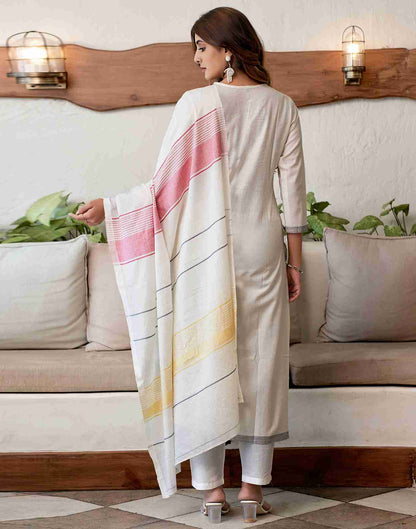 Off White Woven Cotton Straight Kurta Set With Dupatta