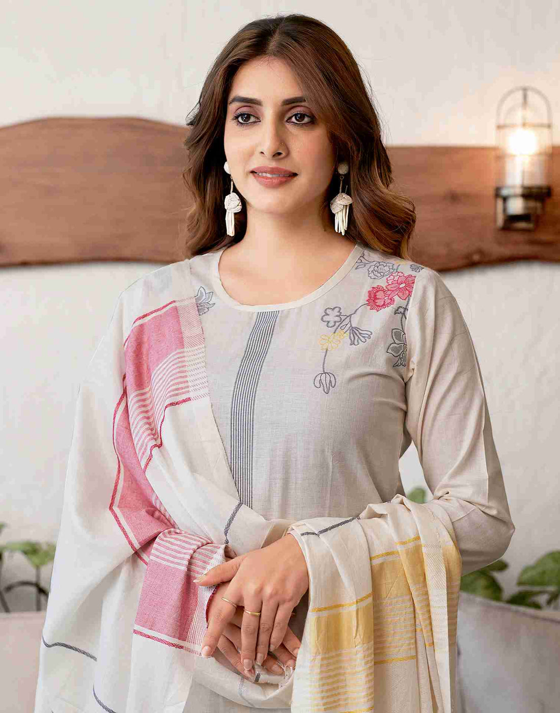 Off White Woven Cotton Straight Kurta Set With Dupatta