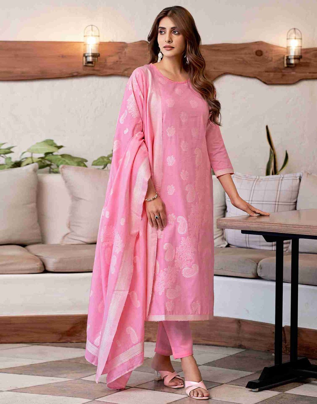 Pink Woven Cotton Straight Kurta Set With Dupatta