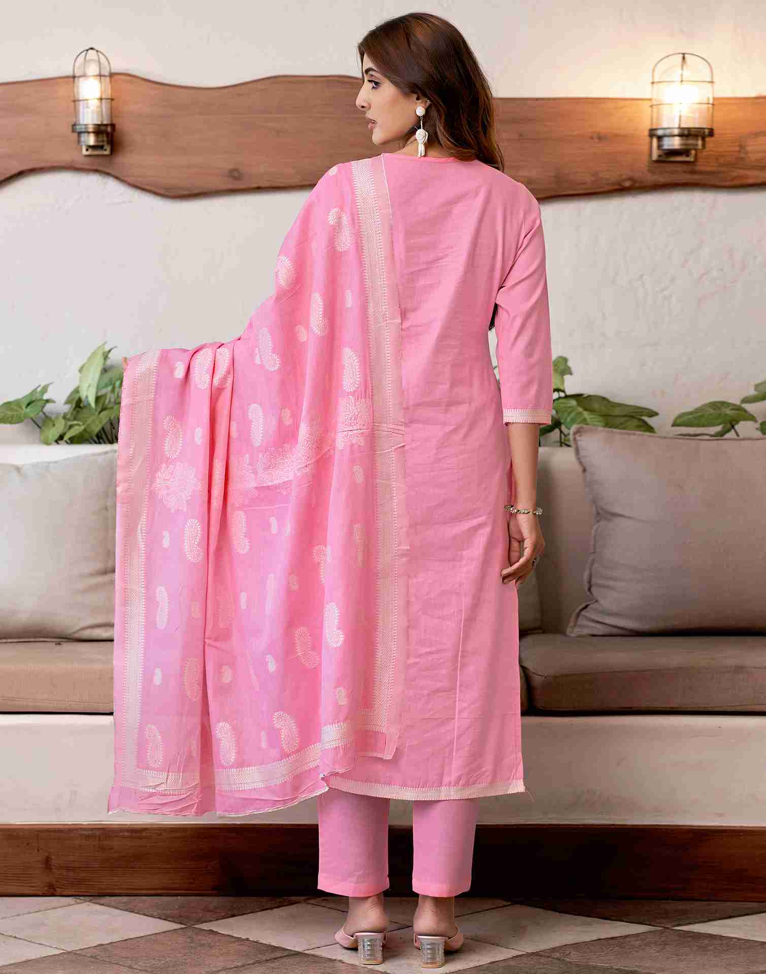 Pink Woven Cotton Straight Kurta Set With Dupatta