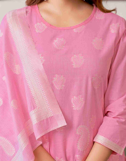 Pink Woven Cotton Straight Kurta Set With Dupatta