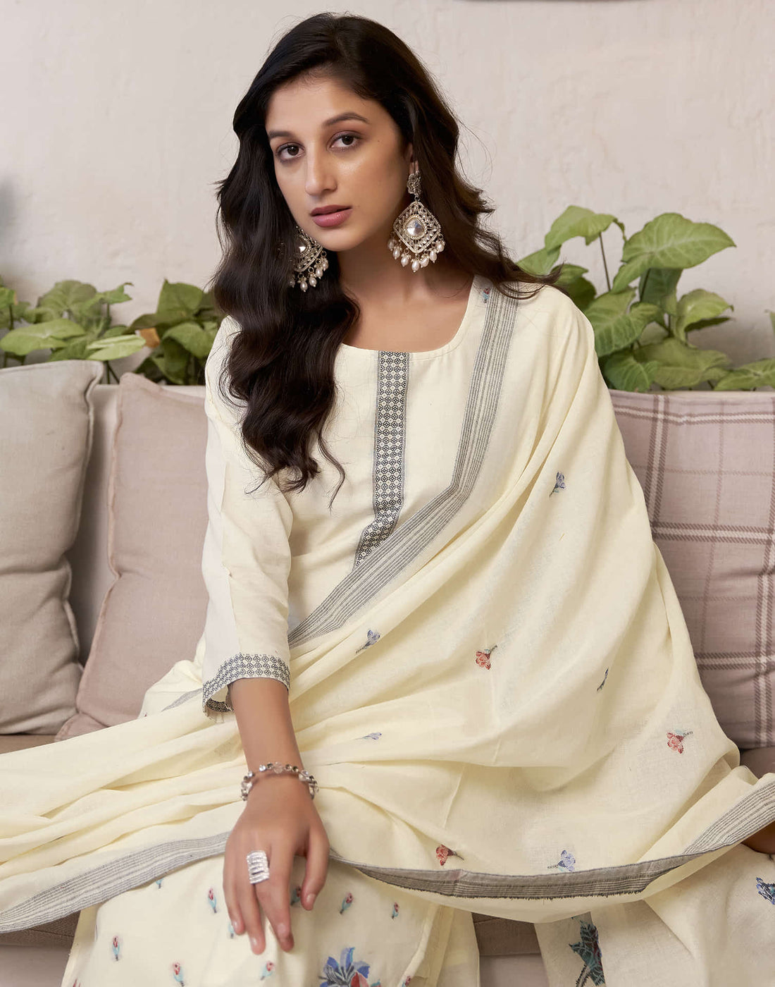 Cream Cotton Jacquard Straight Kurta Set with Dupatta