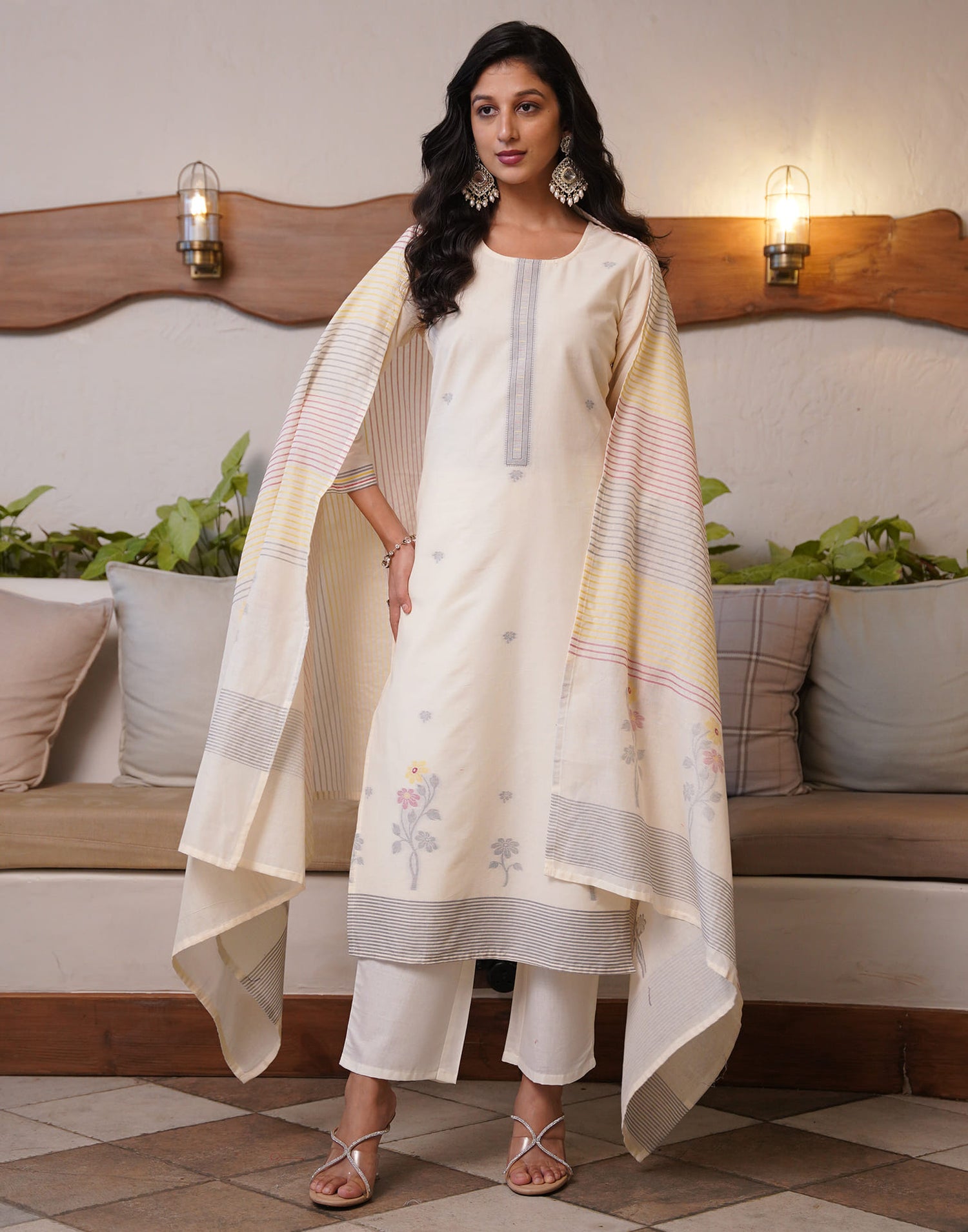 Cream Cotton Woven Straight Kurta Set With Dupatta