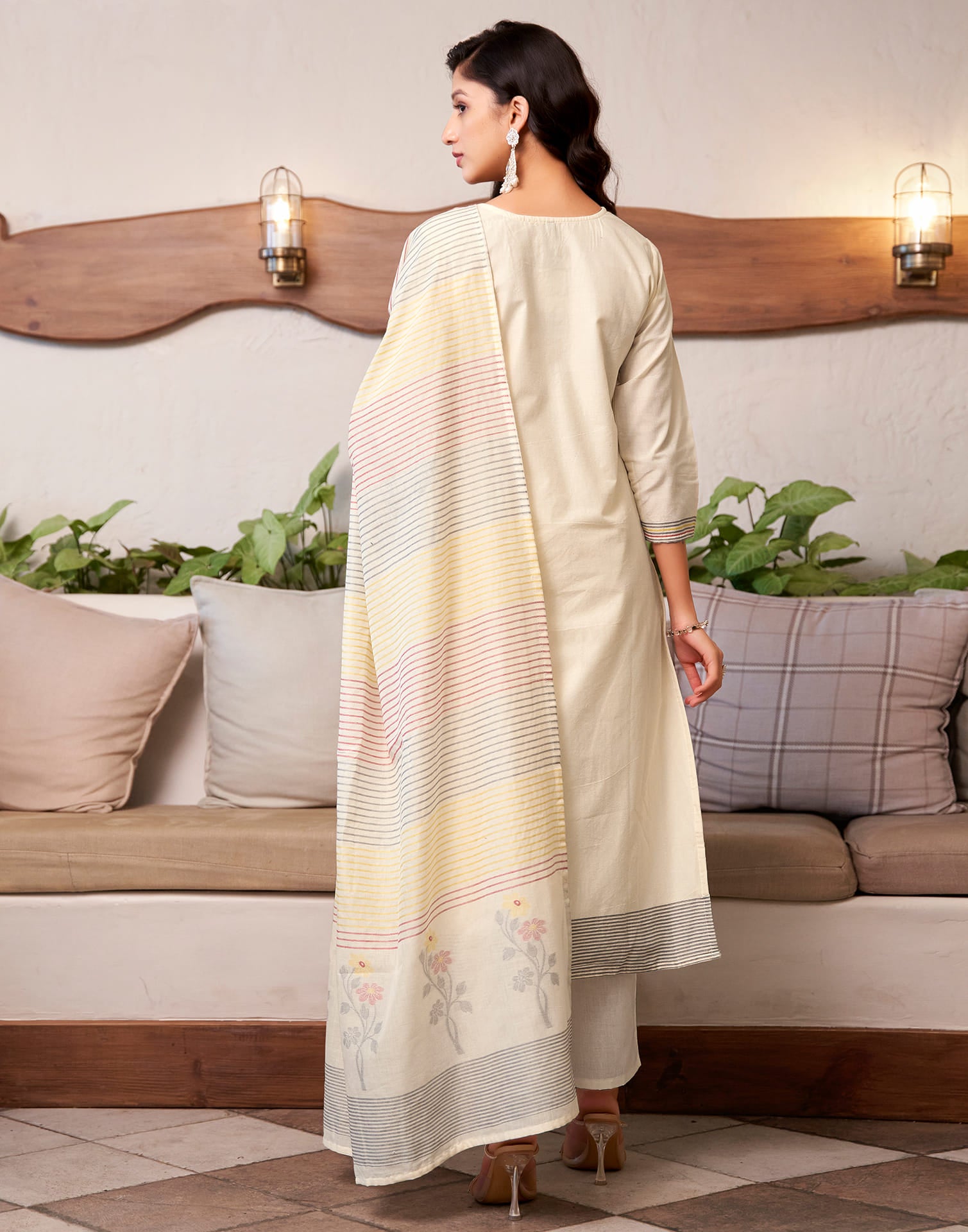 Cream Cotton Woven Straight Kurta Set With Dupatta