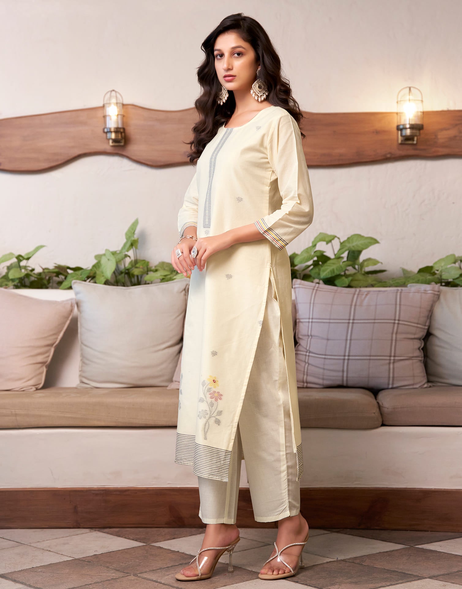 Cream Cotton Woven Straight Kurta Set With Dupatta