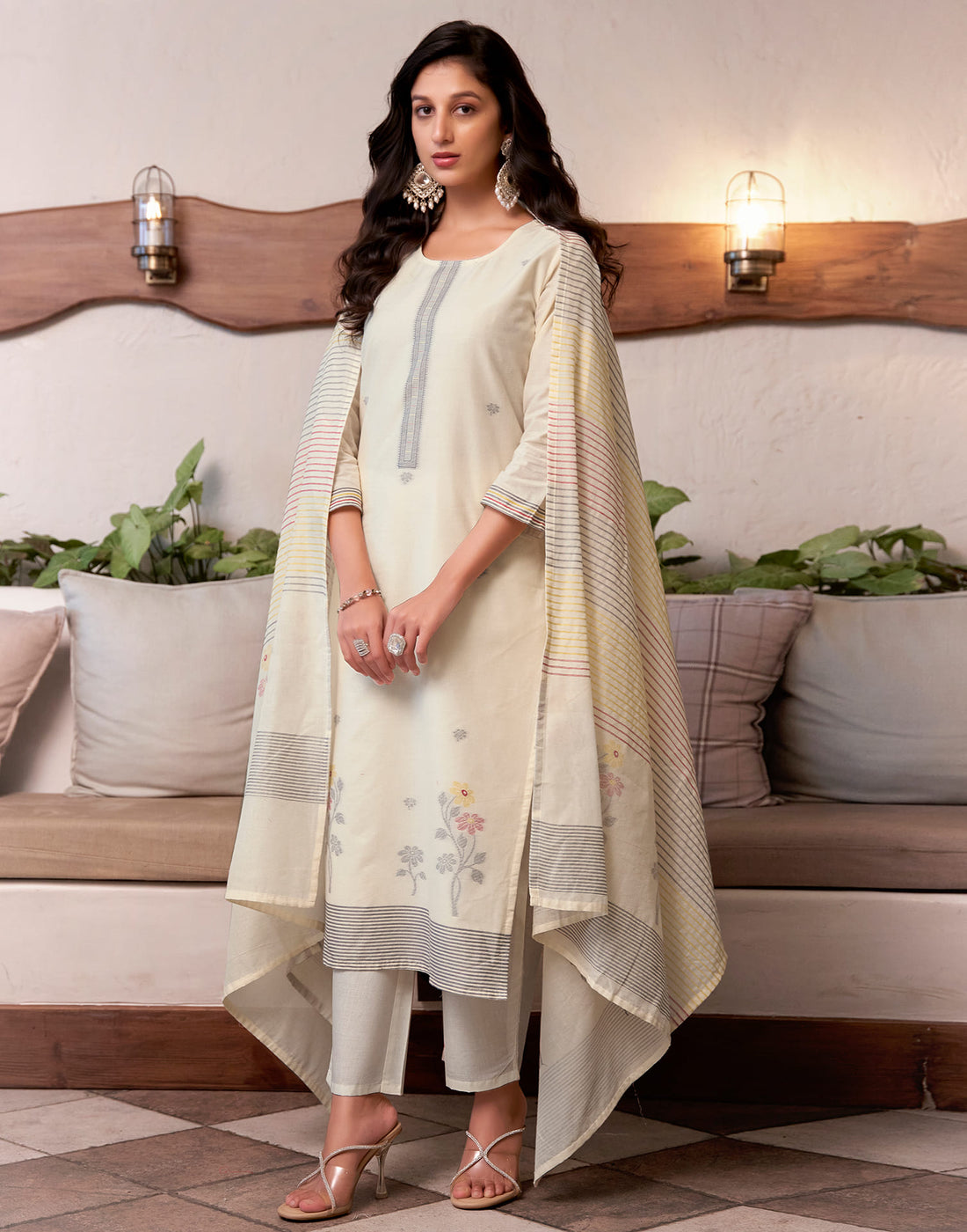 Cream Cotton Woven Straight Kurta Set With Dupatta