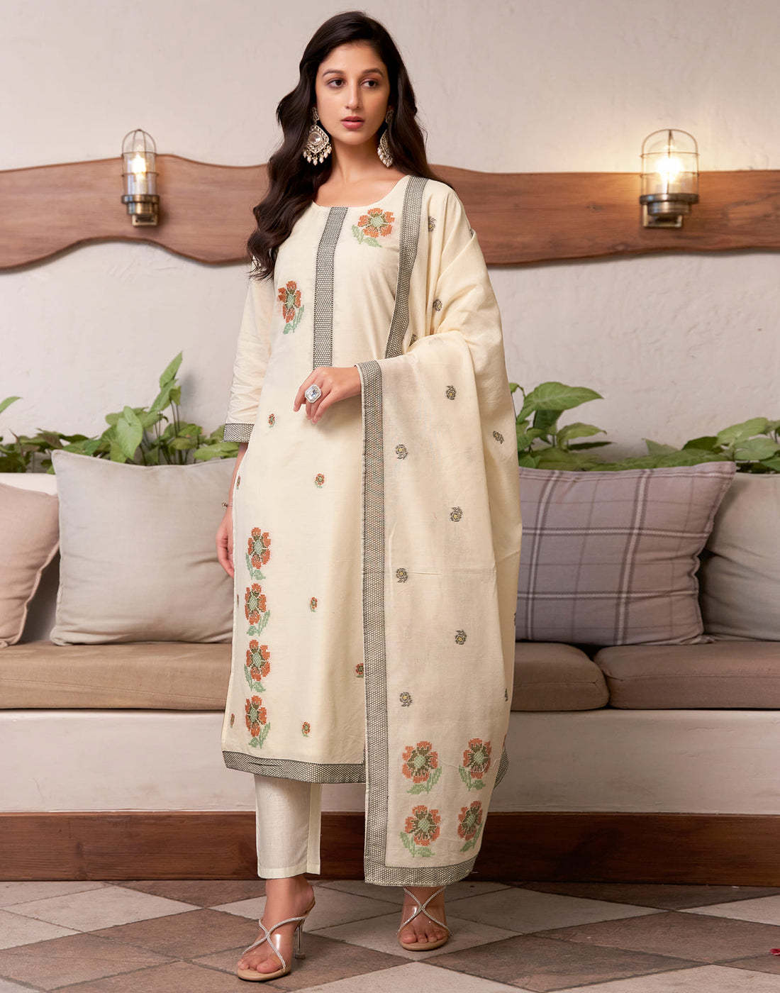 Cream Cotton Woven Straight Kurta Set With Dupatta