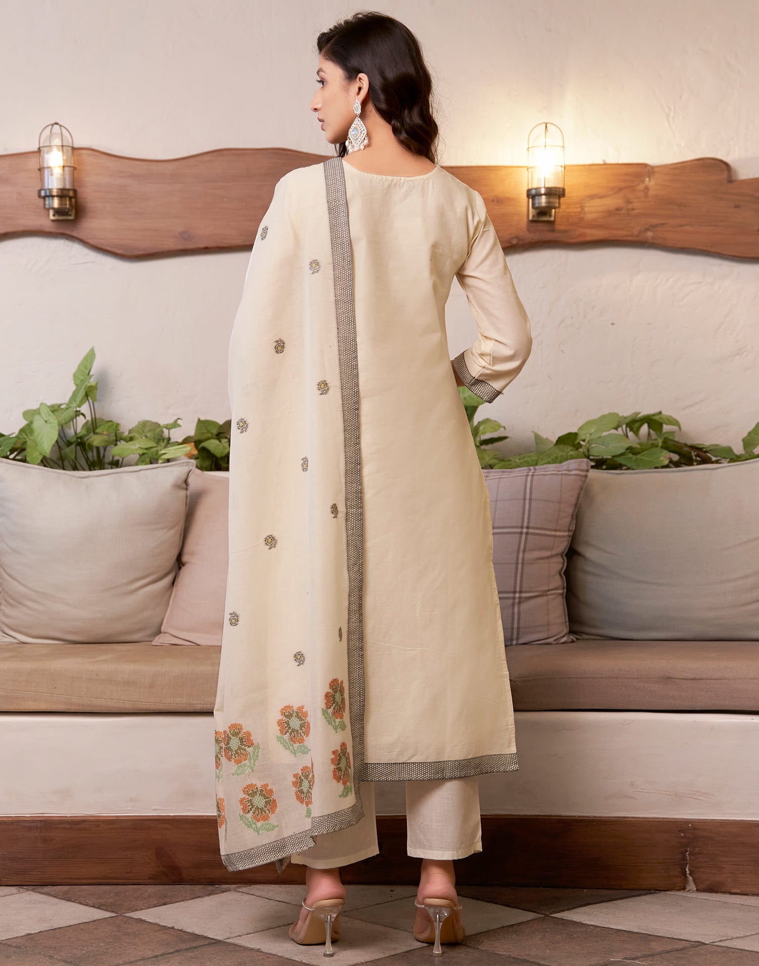 Cream Cotton Woven Straight Kurta Set With Dupatta