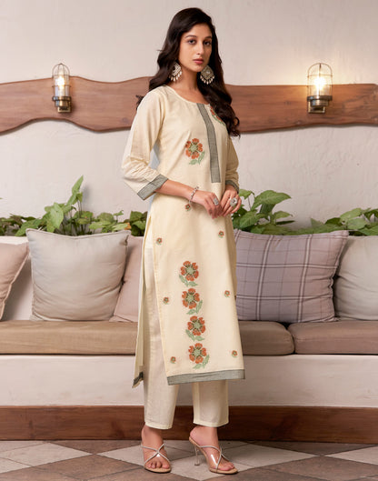 Cream Cotton Woven Straight Kurta Set With Dupatta