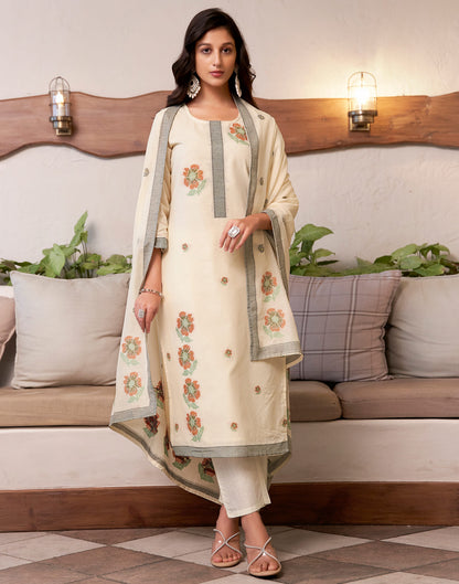 Cream Cotton Woven Straight Kurta Set With Dupatta