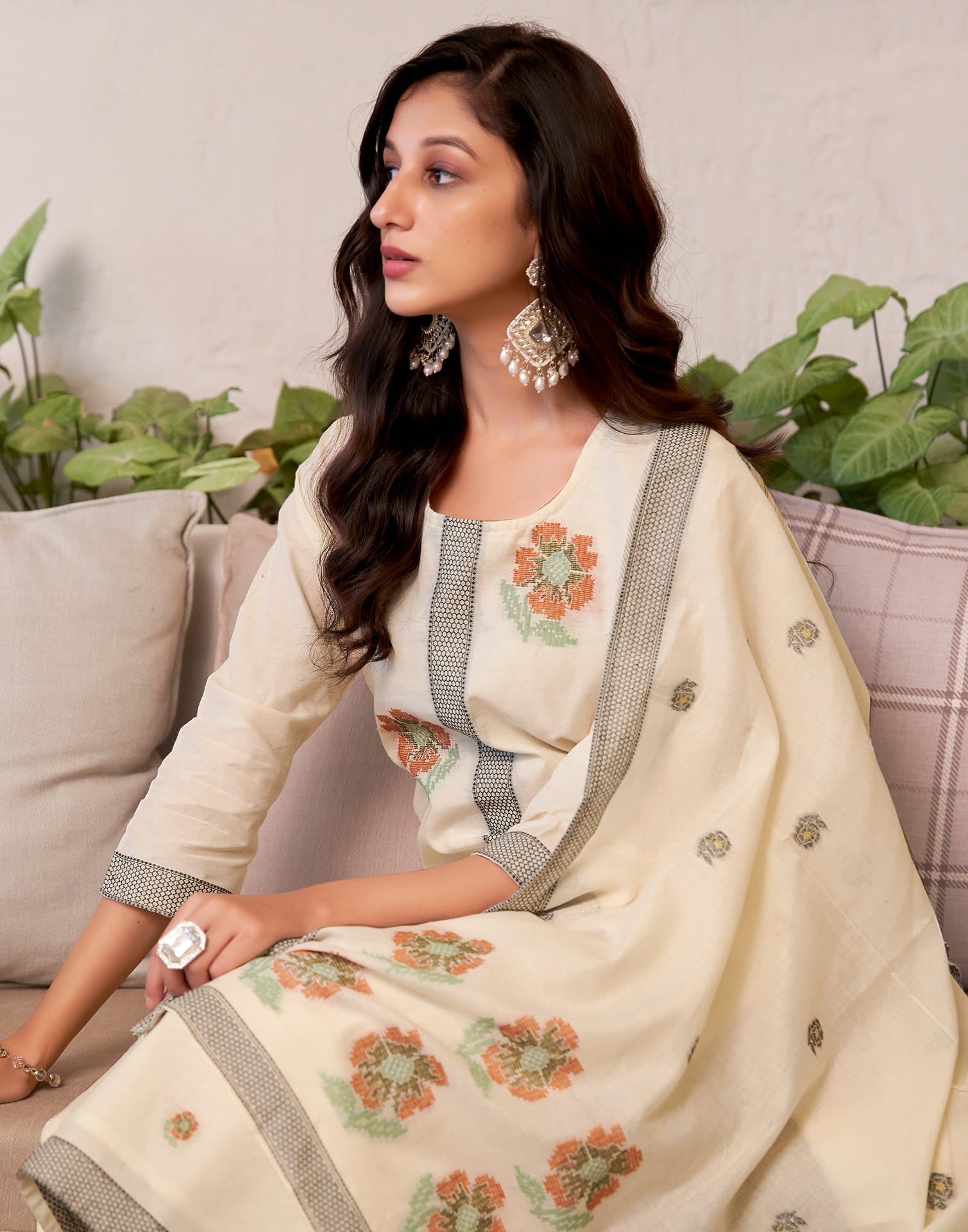 Cream Cotton Woven Straight Kurta Set With Dupatta