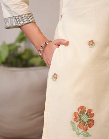 Cream Cotton Woven Straight Kurta Set With Dupatta