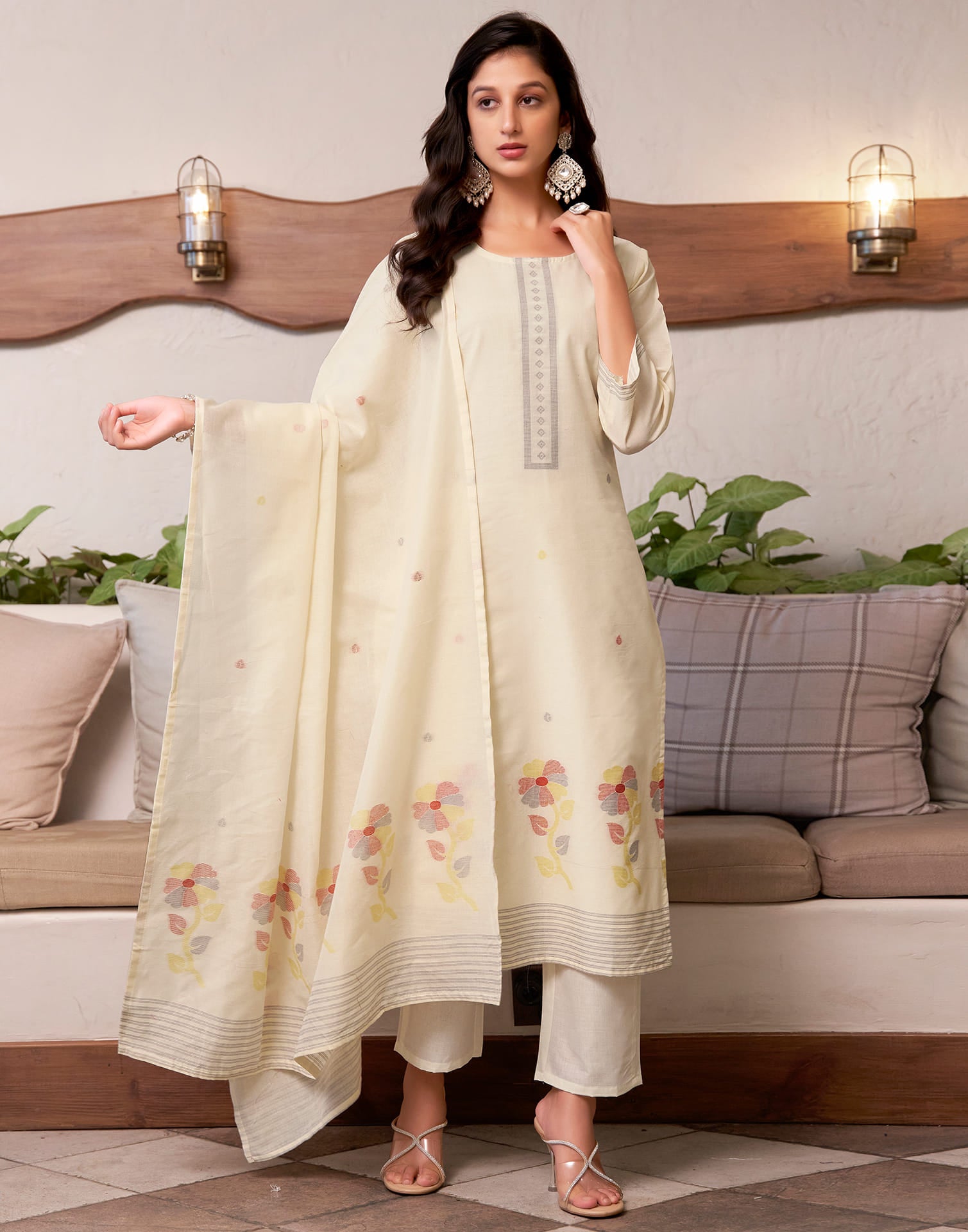 Cream Cotton Woven Straight Kurta Set With Dupatta