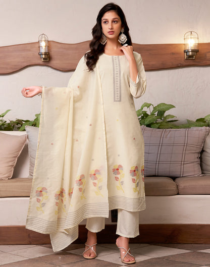 Cream Cotton Woven Straight Kurta Set With Dupatta