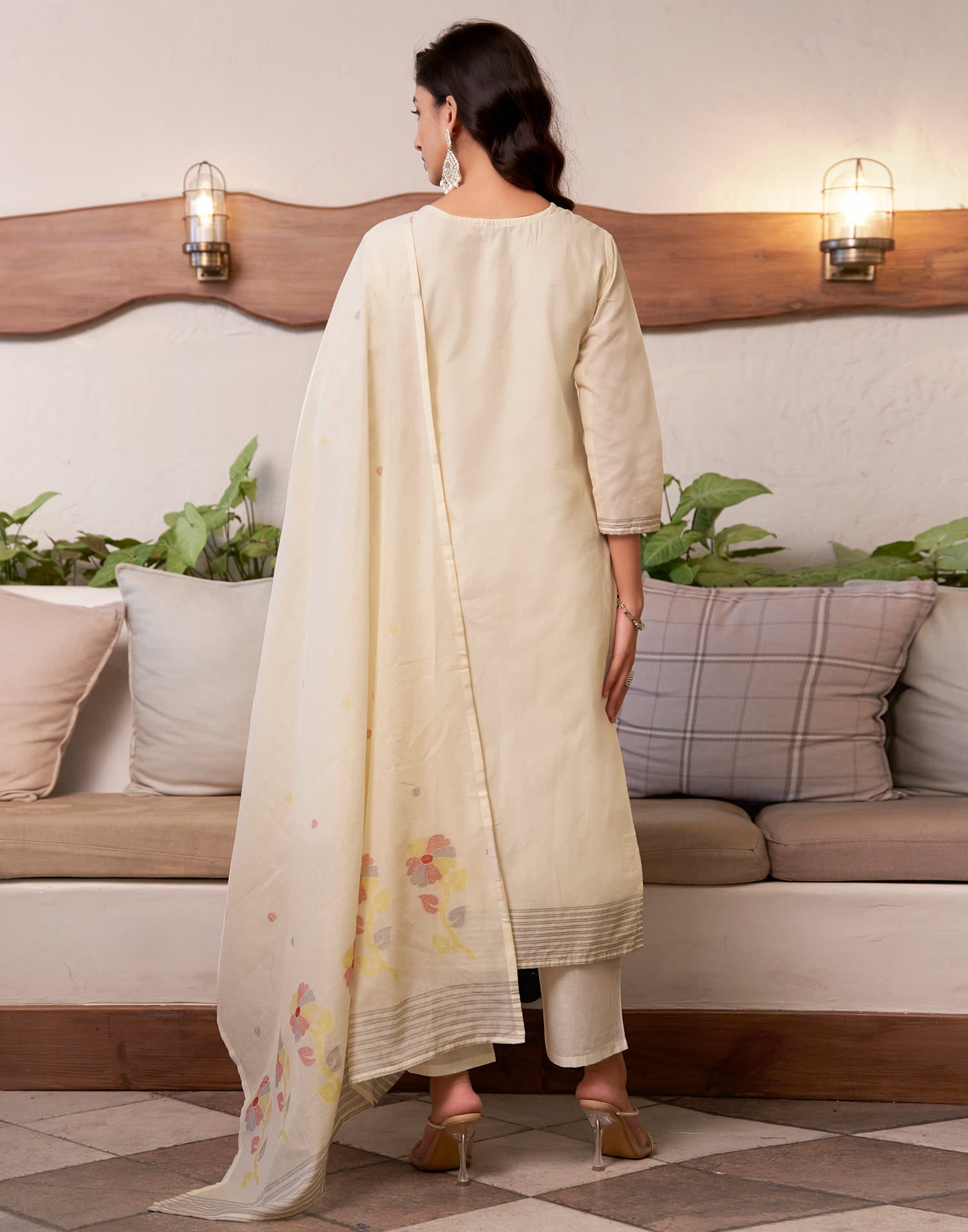 Cream Cotton Woven Straight Kurta Set With Dupatta