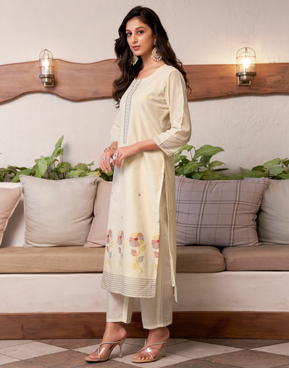 Cream Cotton Woven Straight Kurta Set With Dupatta