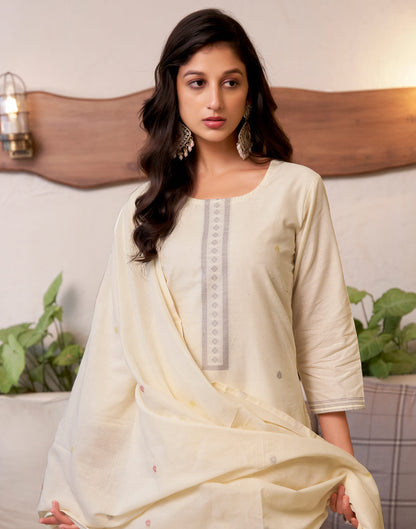 Cream Cotton Woven Straight Kurta Set With Dupatta