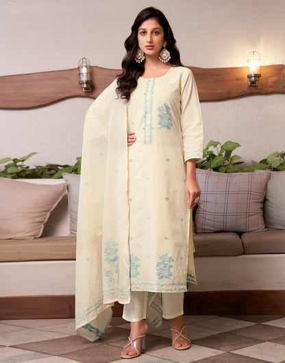 Cream Cotton Woven Straight Kurta Set With Dupatta