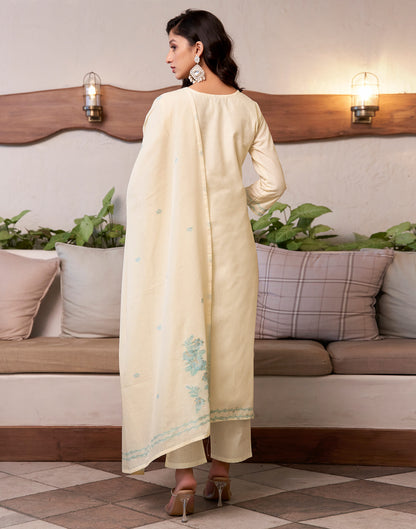 Cream Cotton Woven Straight Kurta Set With Dupatta