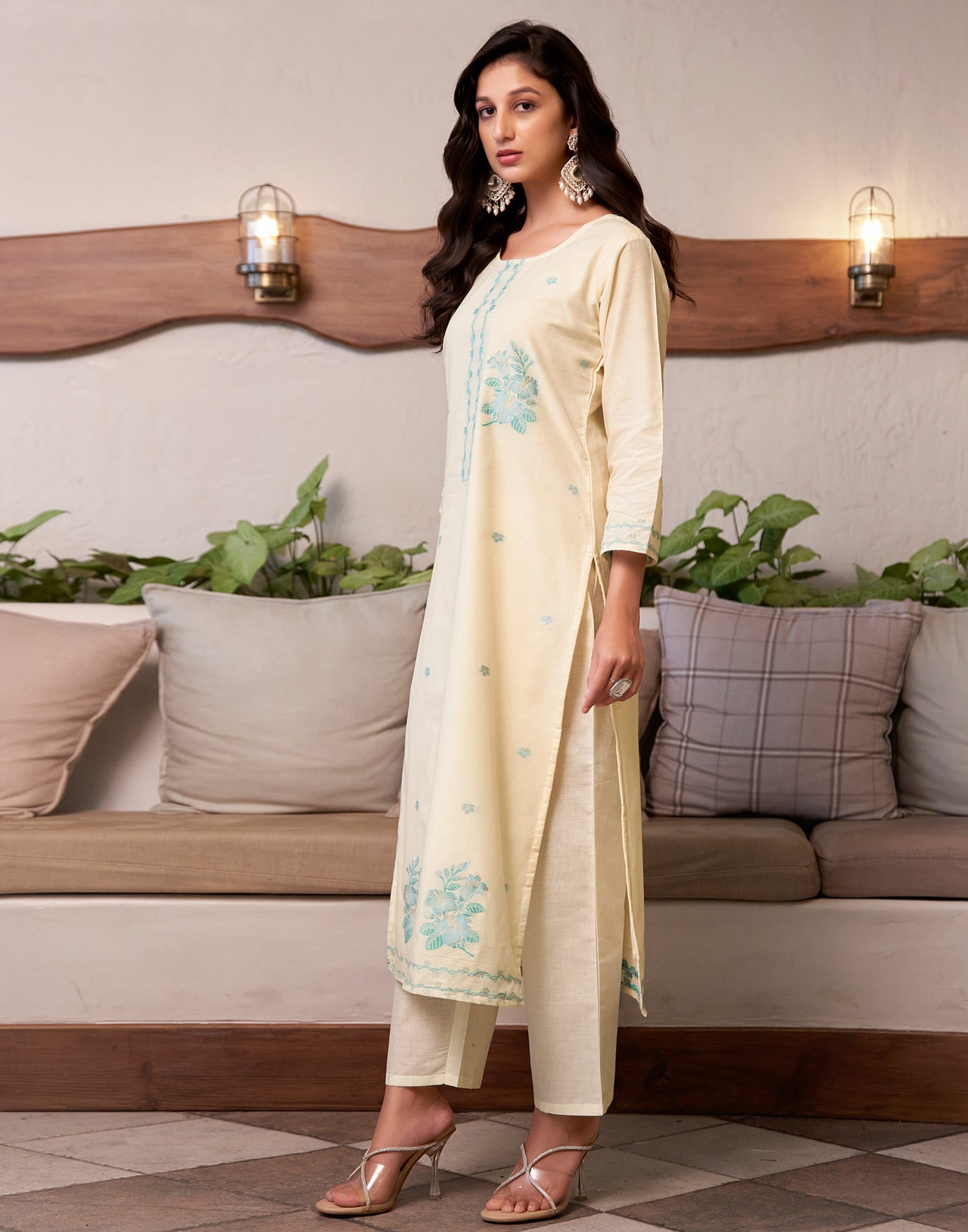 Cream Cotton Woven Straight Kurta Set With Dupatta