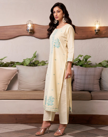 Cream Cotton Woven Straight Kurta Set With Dupatta