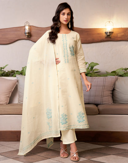 Cream Cotton Woven Straight Kurta Set With Dupatta