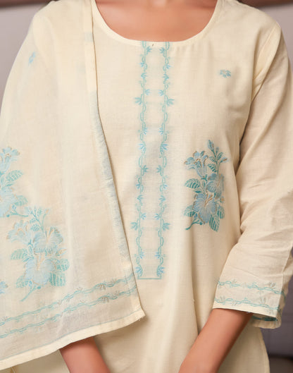 Cream Cotton Woven Straight Kurta Set With Dupatta