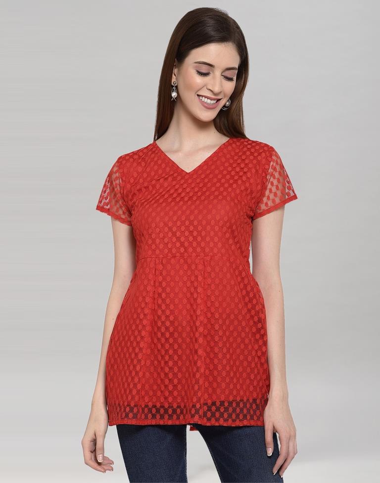 Red Coloured Plain Russell (Net) Top | Sudathi