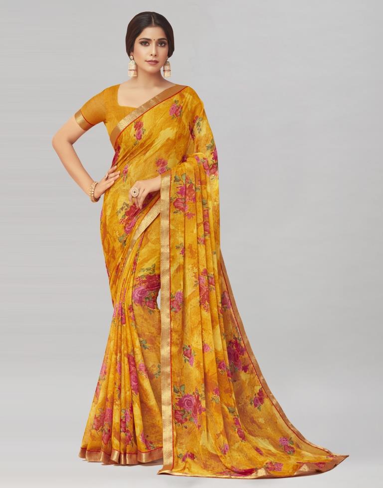Turmeric Yellow Coloured Chiffon Floral Printed Casual saree | Sudathi