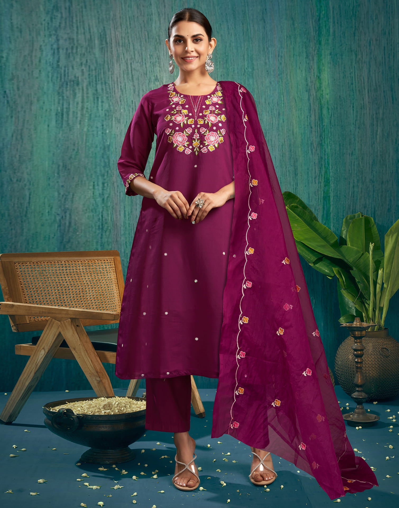 Wine Silk Embroidery A-Line Kurta Set With Dupatta