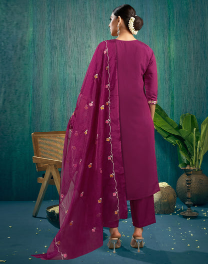 Wine Silk Embroidery A-Line Kurta Set With Dupatta