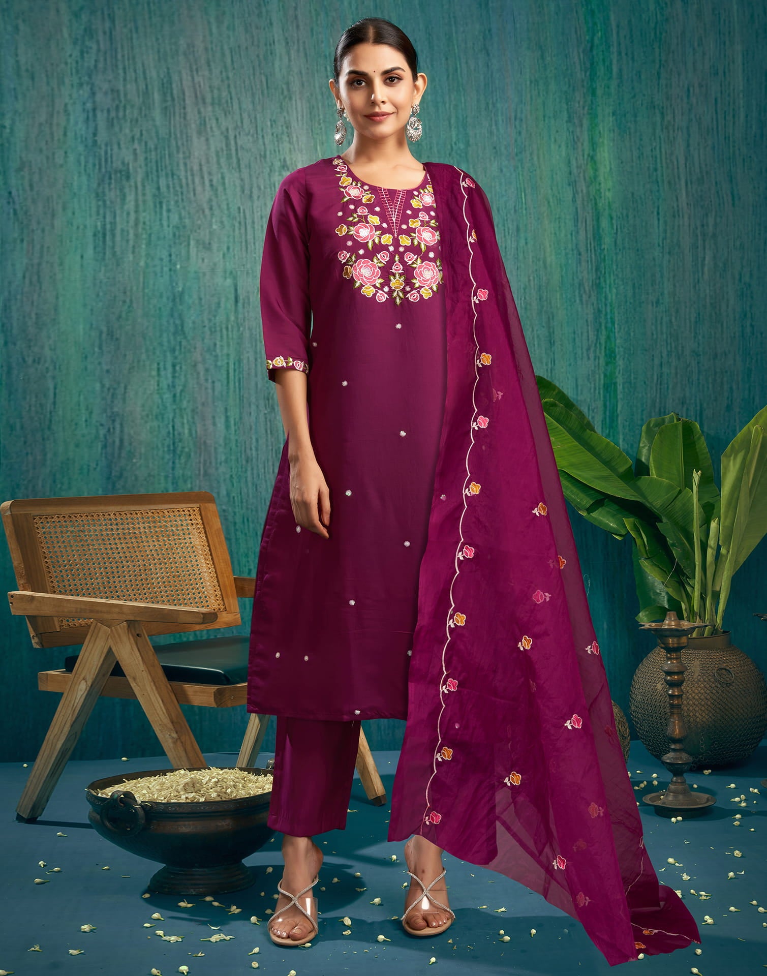 Wine Silk Embroidery A-Line Kurta Set With Dupatta