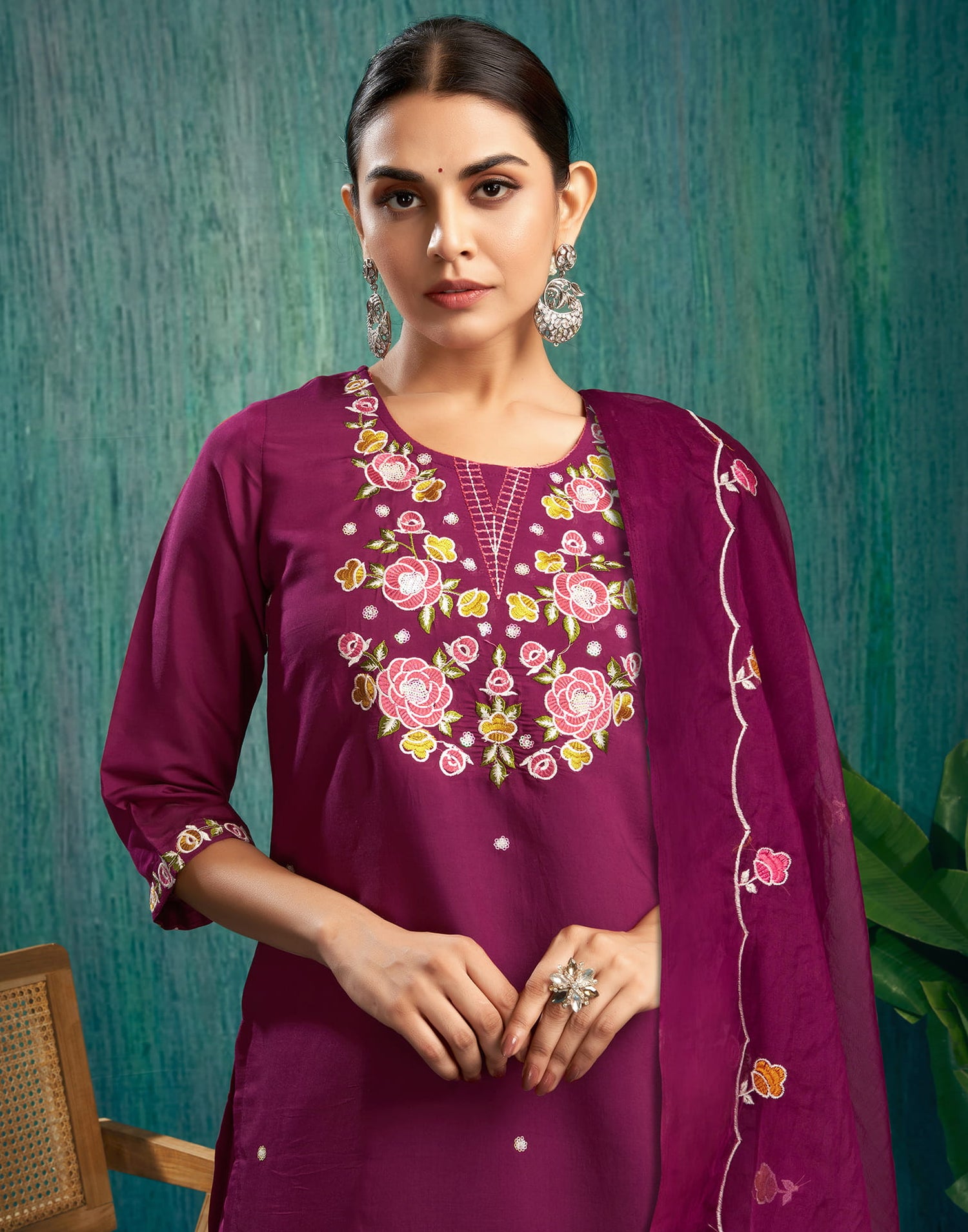 Wine Silk Embroidery A-Line Kurta Set With Dupatta