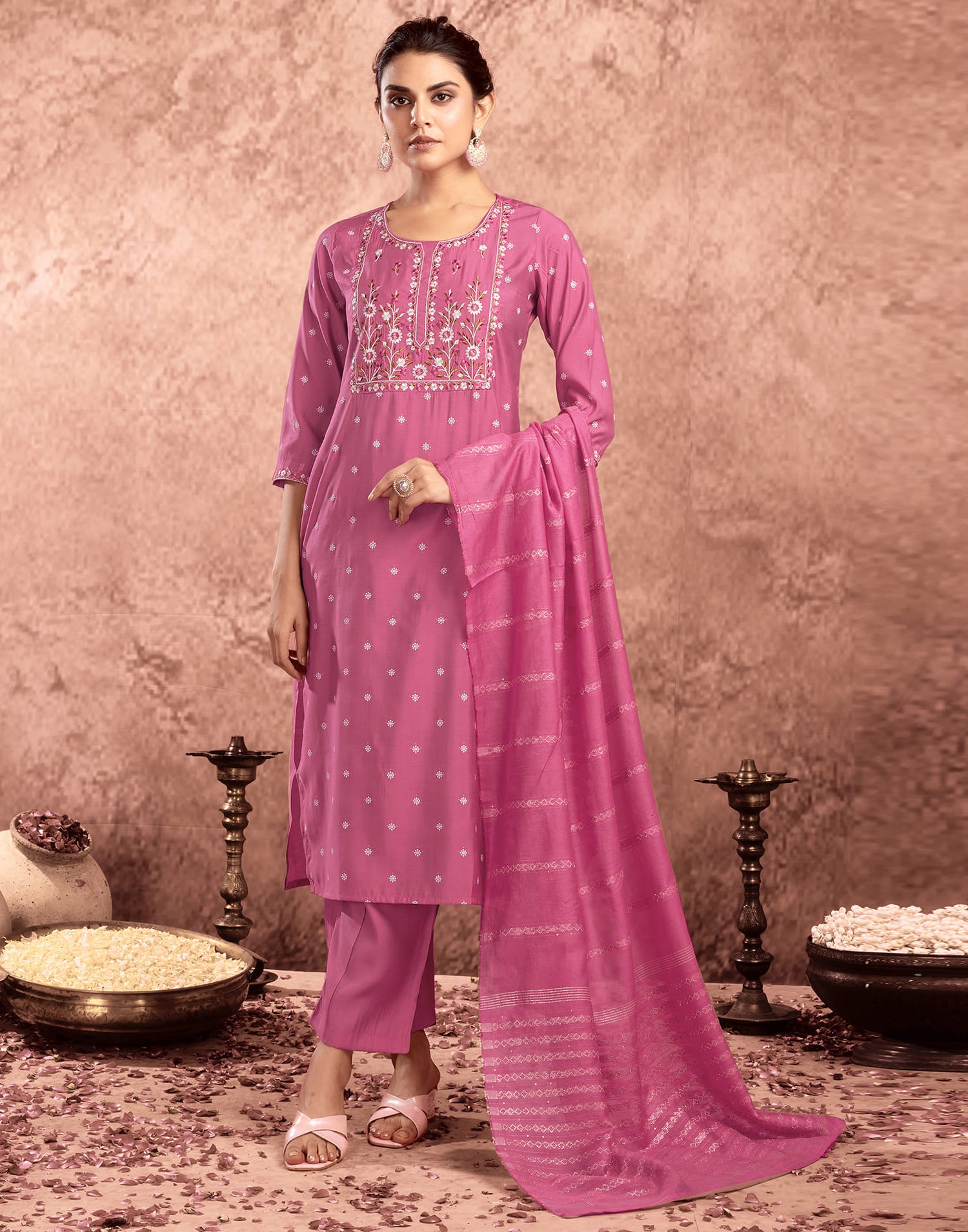 Pink Silk Printed Straight Kurta Set  With Dupatta