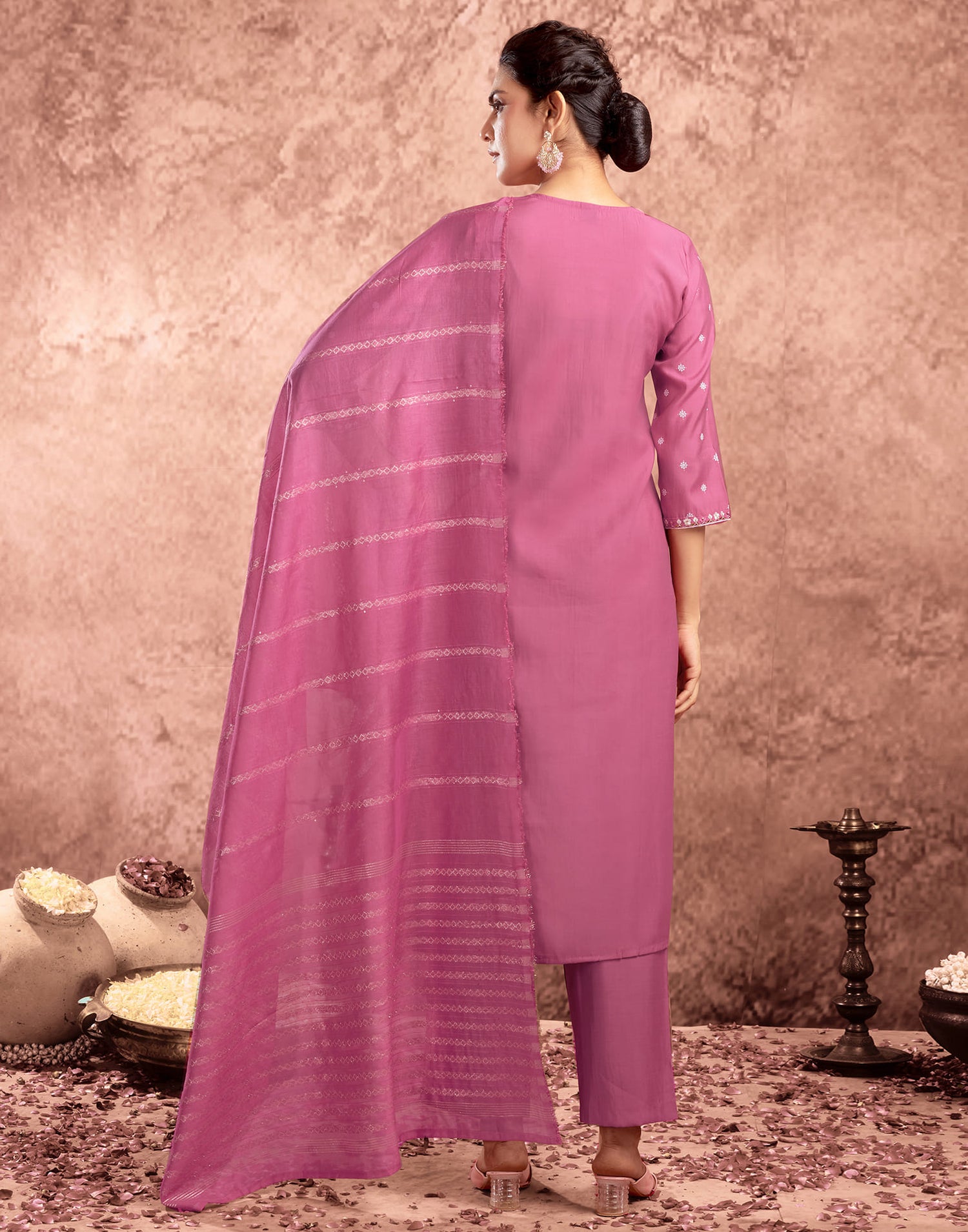 Pink Silk Printed Straight Kurta Set  With Dupatta