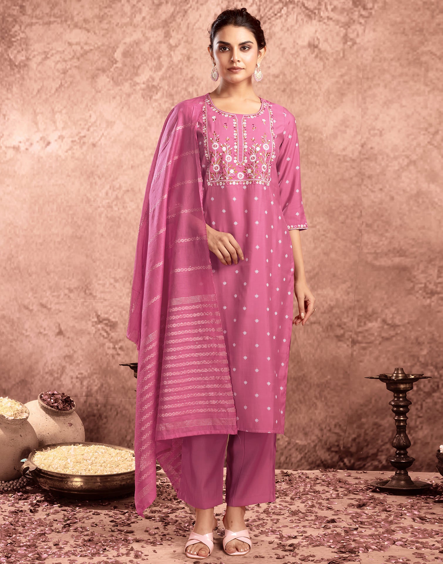 Pink Silk Printed Straight Kurta Set  With Dupatta