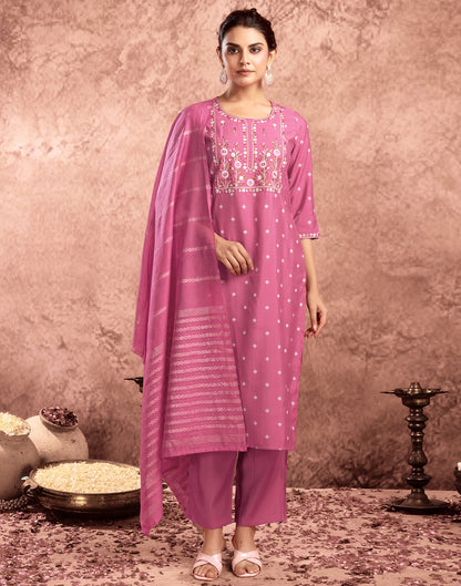 Pink Silk Printed Straight Kurta Set  With Dupatta