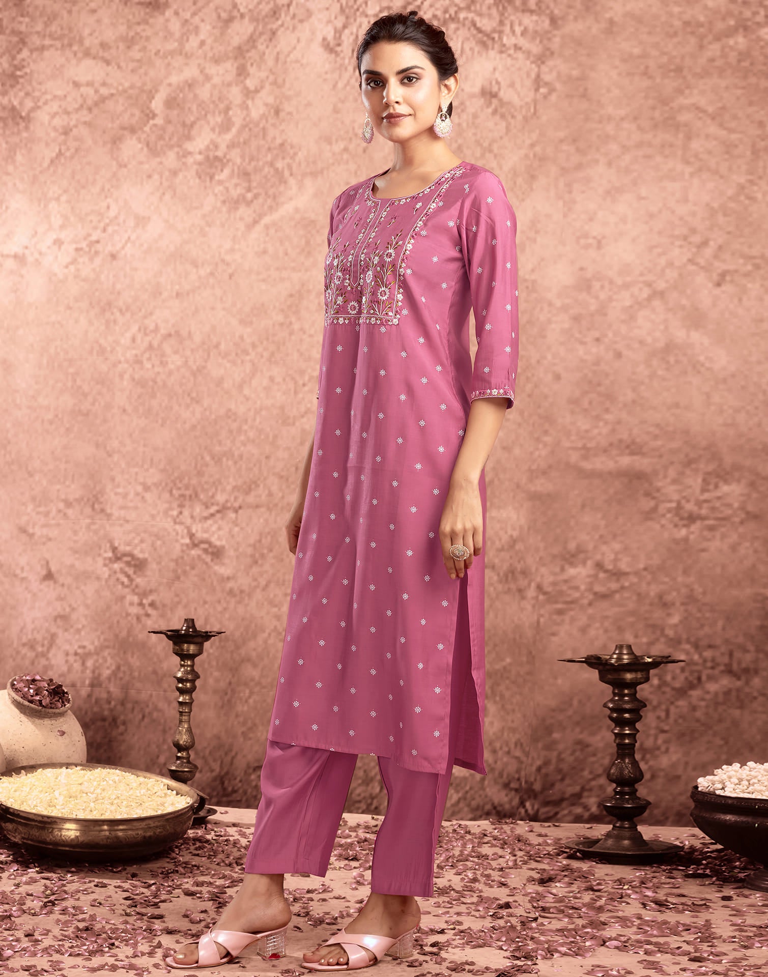 Pink Silk Printed Straight Kurta Set  With Dupatta