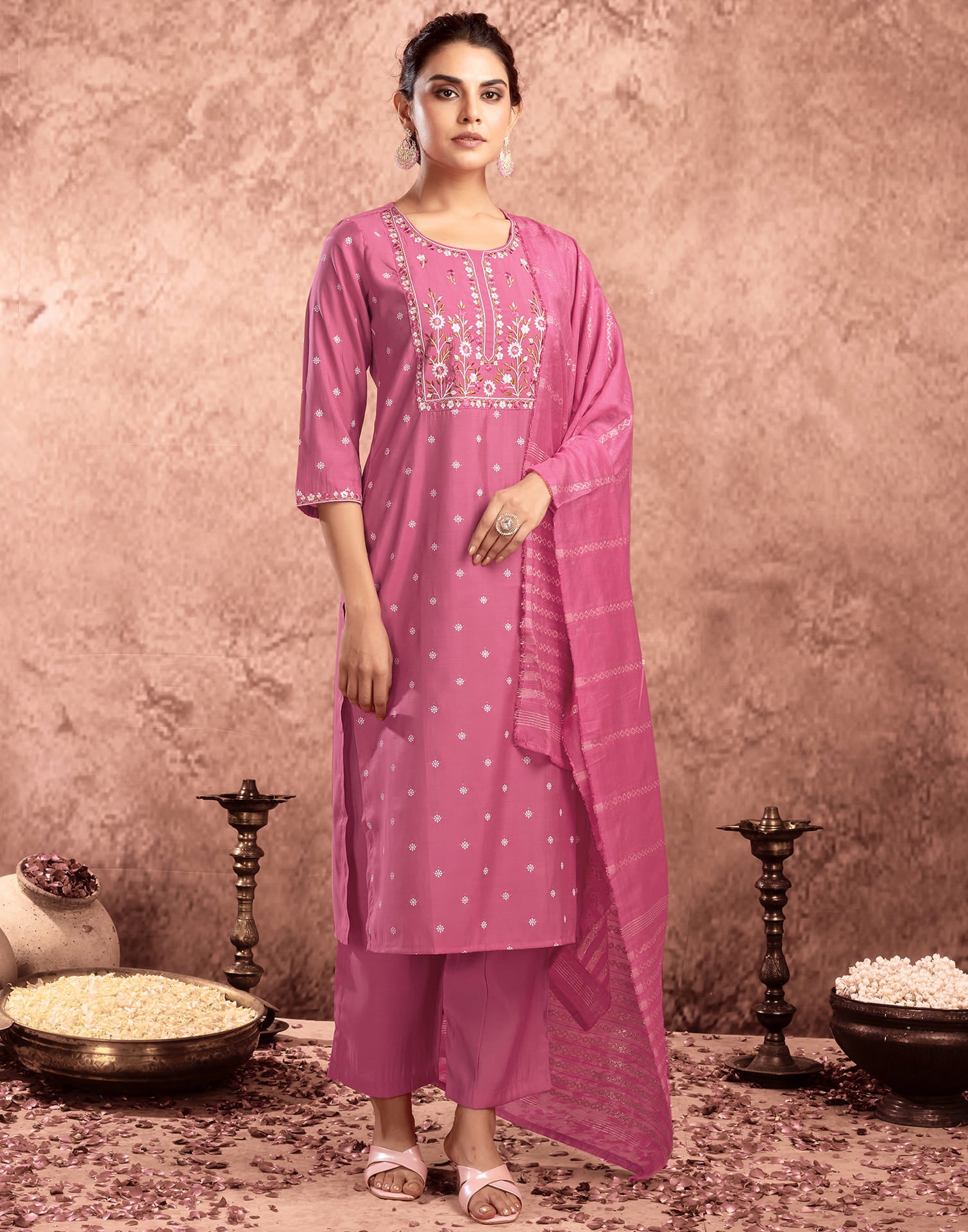 Pink Silk Printed Straight Kurta Set  With Dupatta