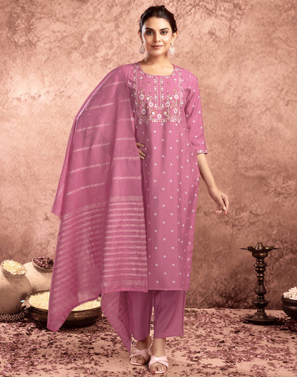 Pink Silk Printed Straight Kurta Set  With Dupatta