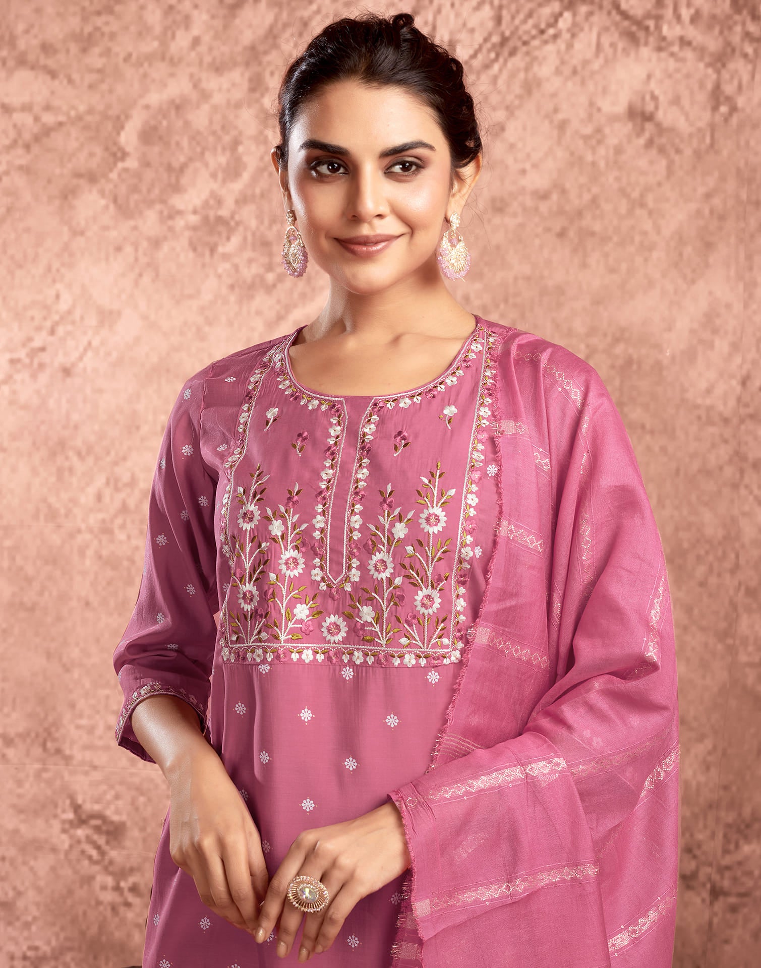 Pink Silk Printed Straight Kurta Set  With Dupatta