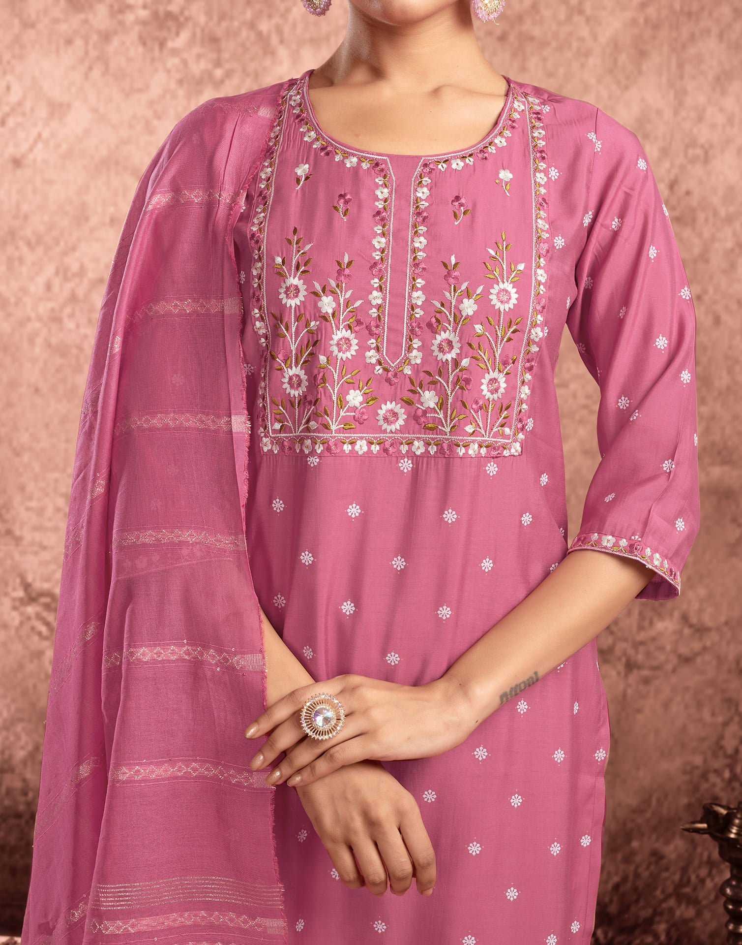 Pink Silk Printed Straight Kurta Set  With Dupatta