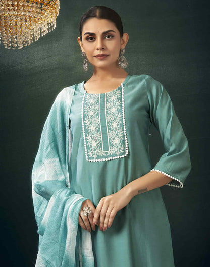 Mint Green Cotton Embroidery Straight Kurta Set with Dupatta