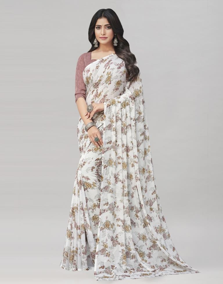 White Coloured Chiffon Floral Printed Casual saree | Sudathi
