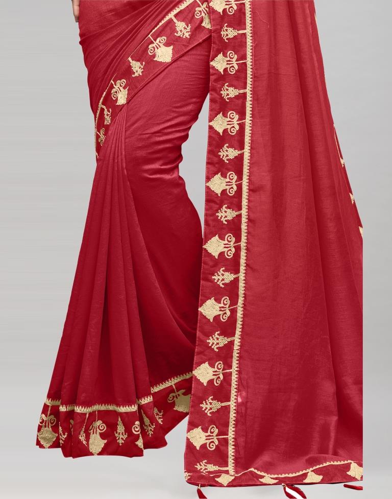 Red Coloured Poly Silk Embroidered Partywear Saree | Sudathi