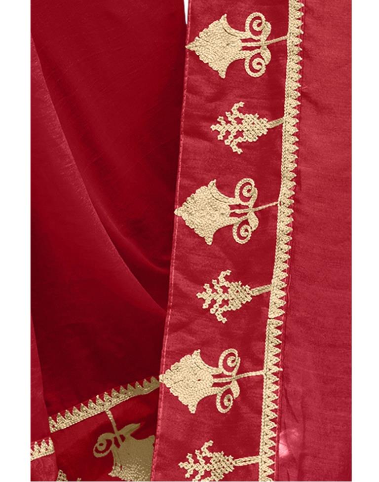 Red Coloured Poly Silk Embroidered Partywear Saree | Sudathi