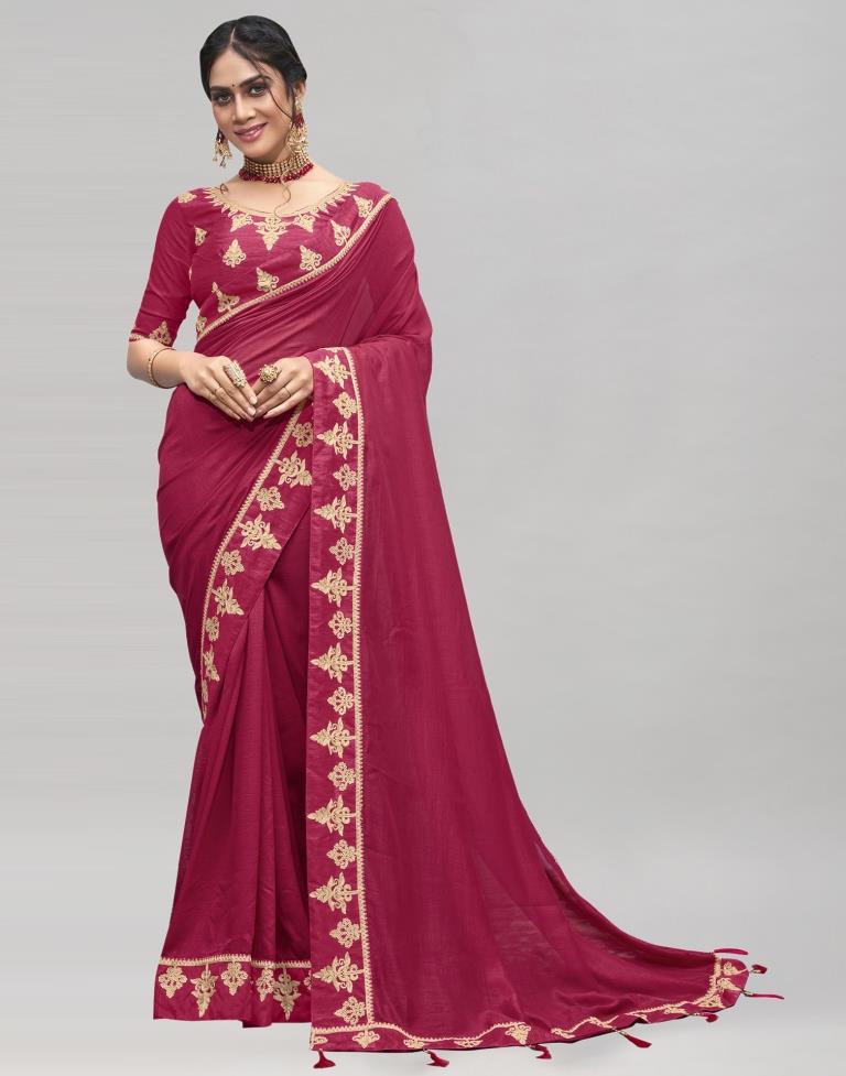 Rubi Pink Coloured Poly Silk Embroidered Partywear Saree | Sudathi