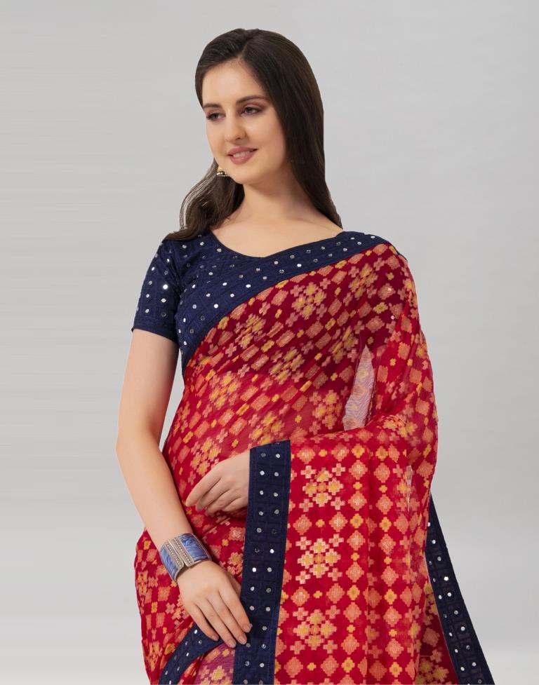 Red Coloured Brasso Embroidered Partywear Saree | Sudathi