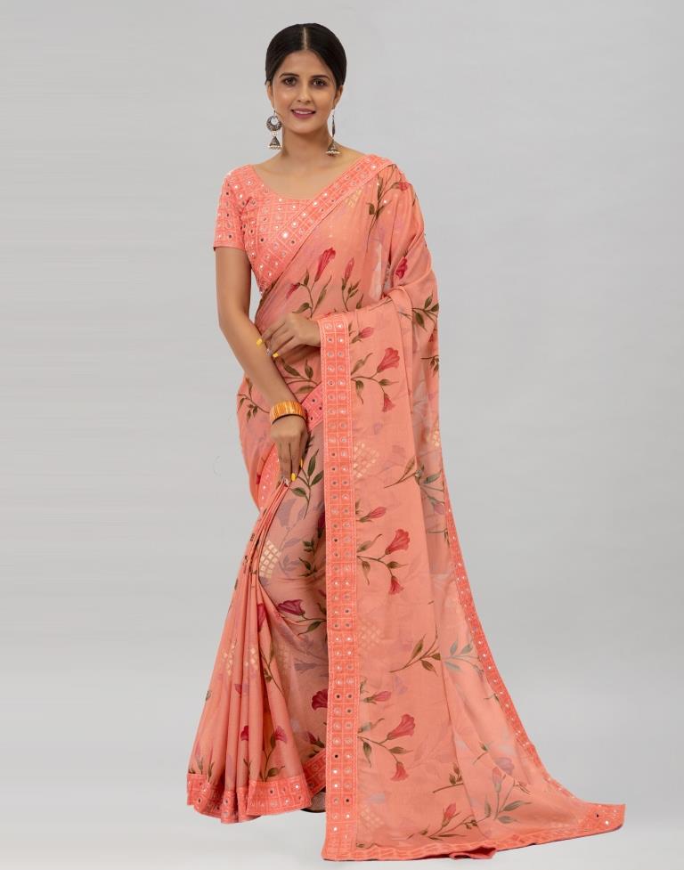 Melon Orange Coloured Brasso Embroidered Partywear Saree | Sudathi