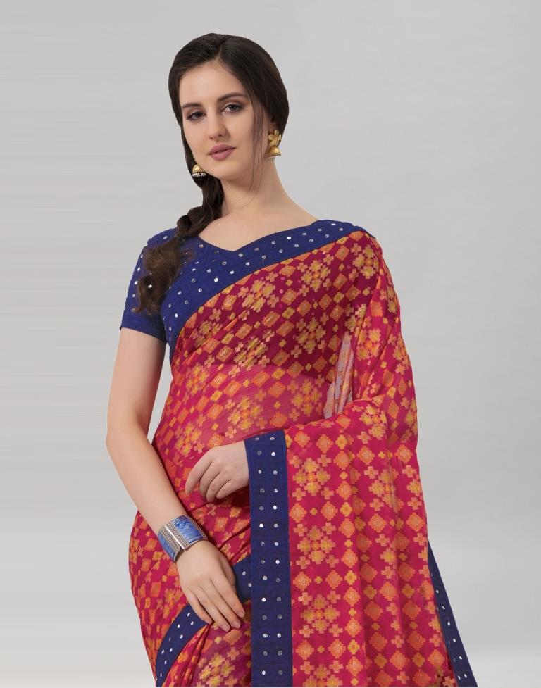Raspberry Red Coloured Brasso Embroidered Partywear Saree | Sudathi